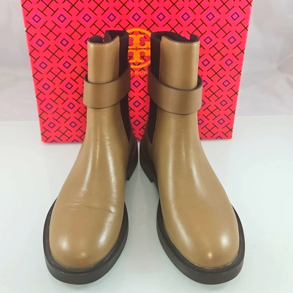 Tory Burch Embossed Leather Double T Chelsea Ankle Boots Size 7.5